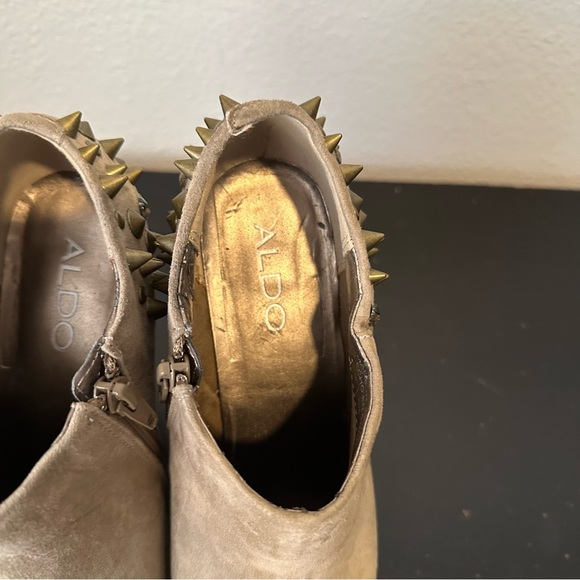 Aldo Brown Faux Suede Studded Rhinestone Heeled Ankle Boots - Picture 15 of 17